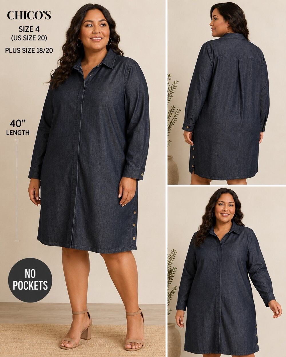 Chico’s Denim shirt Dress size 4 18 20 dark denim button down Dress